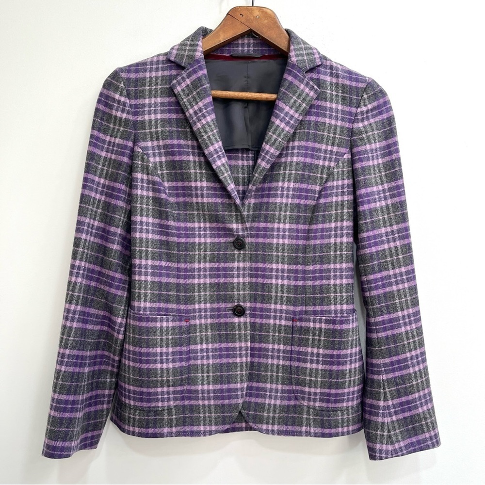 Luciano Barbera 100% Wool Plaid Blazer Purple Gray Two Button Women’s Size 6
